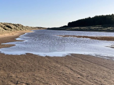 Téléchargez les photos : Beau paysage de plage à Holkham avec piscine d'eau salée de mer entre les bancs de sable herbeux par temps froid et tranquille Journée d'hiver avec ciel bleu à Norfolk East Anglia uk en promenade de vacances - en image libre de droit