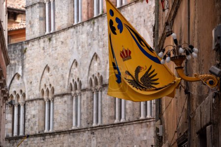 Photo for Contrade flags of the Aquila-Eagle district hanging in a street of downtown Siena, Italy - Royalty Free Image