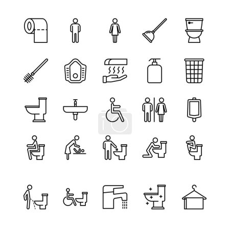 Téléchargez les illustrations : Ensemble d'icônes de contour de signe de toilette - en licence libre de droit
