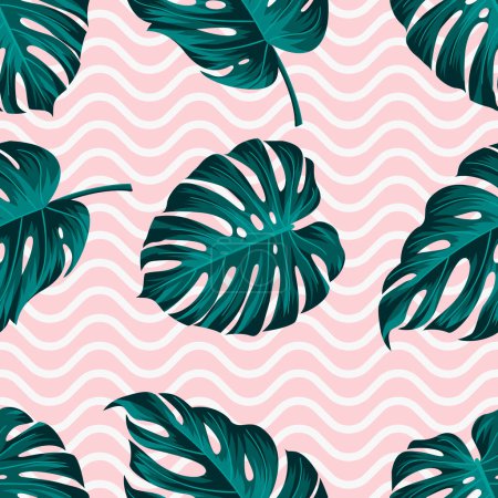 Téléchargez les illustrations : Motif floral sans couture avec des feuilles et des lignes ondulées fond tropical - en licence libre de droit