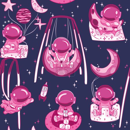 Illustration for Cute pink Space cadets. Kids, toddler, baby astronauts playing with space themed toys. Seamless pattern. Great for space or kids themed fabric, scrap-booking, gift-wrap, wallpaper, product design. Surface design. Vector - Royalty Free Image