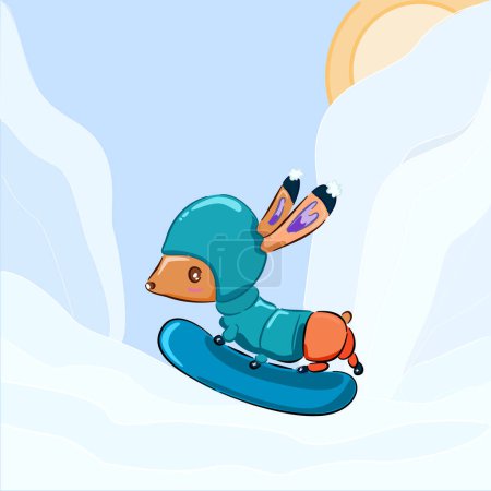 Téléchargez les photos : Mignon dessin animé Snowboard Dachshund illustration. Idéal pour les milieux d'hiver, cartes, autocollants, bannières. Vecteur - en image libre de droit