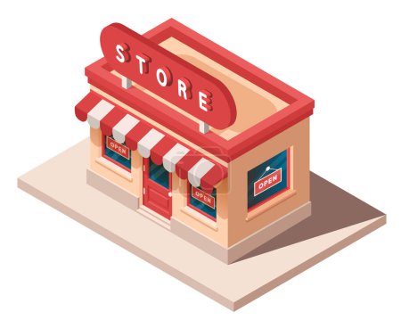 Illustration for Shop with two windows. Isometric shop with a sign. Vector 3d clipart. - Royalty Free Image