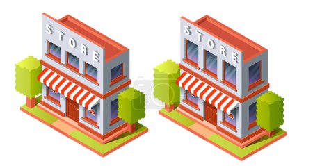 Illustration for Two storey isometric store. Two-story building. 3d shop. Vector set isolated on white background. - Royalty Free Image