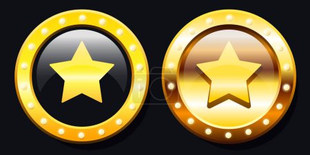 Illustration for Badge with gold star. Round medal with gold frame and light bulbs. - Royalty Free Image