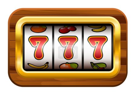 Jackpot. Slot machine with three sevens. Screen slot machine in a wooden frame. Vector clipart.