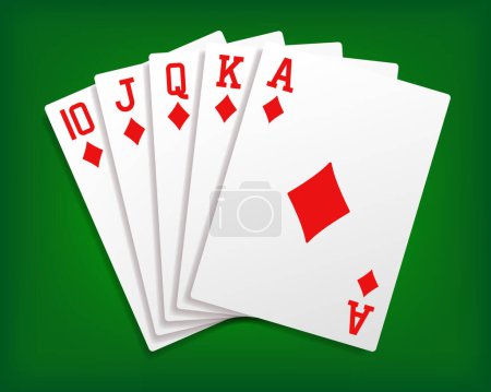 Illustration for Royal Flush. A poker hand of a royal flush in diamond. Diamond Royal Flush. Card fan on a green background. Vector clipart. - Royalty Free Image