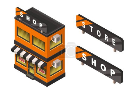 Illustration for Two-story building. Two storey isometric store. Vector set isolated on white background. - Royalty Free Image