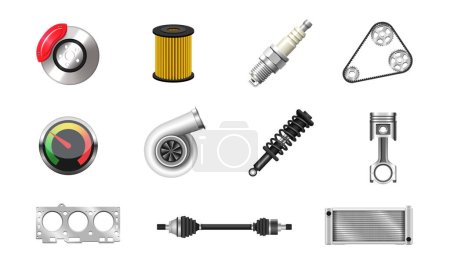 Car parts set. Vector 3D icons isolated on white background.