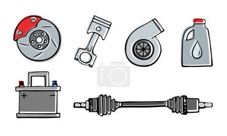 Spare parts. Car parts in doodle style. Vector clipart isolated on white background.