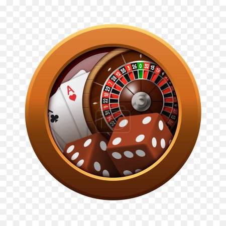 Illustration for Casino concept. Brown frame with playing cards and roulette inside. Vector clipart. - Royalty Free Image