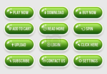 Illustration for Green buttons for website. Set of vector 3D buttons isolated on black background. - Royalty Free Image