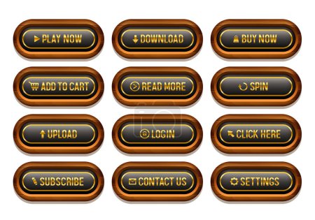 Illustration for Buttons for web design. Black buttons in a wooden frame with gold letters. Set of vector 3D buttons. - Royalty Free Image