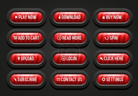 Illustration for Buttons for web design. Red striped buttons in a black frame. Set of vector 3D buttons. - Royalty Free Image