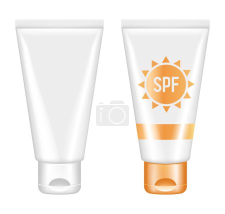 Sunscreen. Tube of spf cream. Vector 3D illustration isolated on white background.
