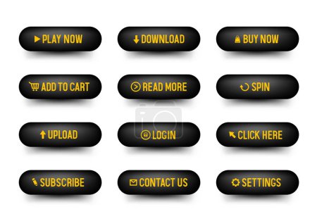 Buttons für Webdesign. Rote Knöpfe in einem goldenen Rahmen. Set von Vektor-3D-Buttons.