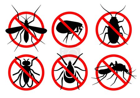 Téléchargez les illustrations : Insectes nuisibles dans un panneau d'interdiction. Icônes de lutte antiparasitaire. Ensemble vectoriel. - en licence libre de droit