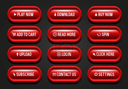 Buttons für Webdesign. Rot gestreifte Knöpfe in schwarzem Rahmen. Set von Vektor-3D-Buttons.