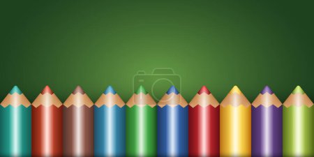 Pencil border. Multicolored pencils on a on a green background. Vector clipart.