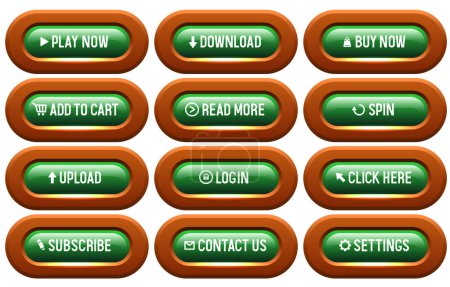 Illustration for Green buttons in a brown frame. Big set of vector buttons for web design. - Royalty Free Image