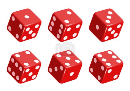 Red dice with white dots. Vector set isolated on white background. 3d dice.