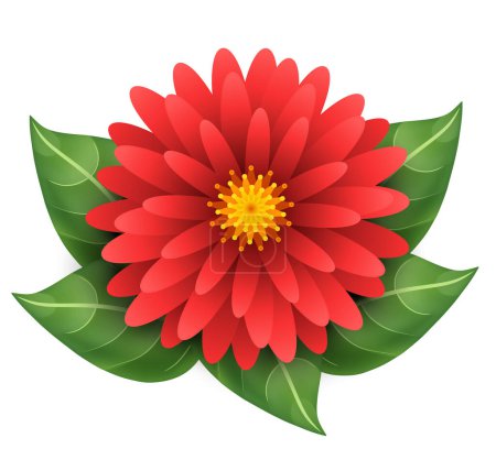 Illustration for Red flower with green leaves. Vector 3D illustration isolated on white background. - Royalty Free Image