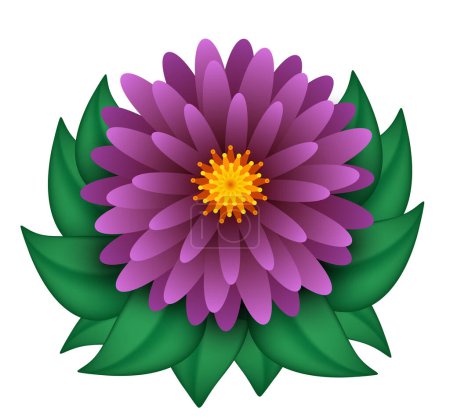 Téléchargez les illustrations : Fleur violette aux feuilles vertes. Illustration vectorielle 3D isolée sur fond blanc. - en licence libre de droit
