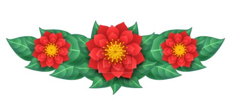 Téléchargez les illustrations : Guirlande de fleurs rouges et oranges et feuilles vertes. Illustration vectorielle isolée sur fond blanc. - en licence libre de droit