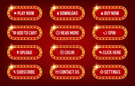 Buttons for websites. Red buttons in a yellow frame. Big set of vector buttons for web design.