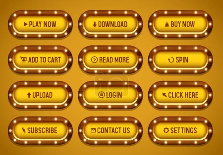 Illustration for Buttons for websites. Yellow buttons with a wooden frame with light bulbs. Big set of vector buttons for web design. - Royalty Free Image