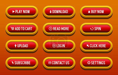 Buttons für Webseiten. Rote Knöpfe in einem gelben Rahmen. Großer Satz von Vektortasten für Webdesign.