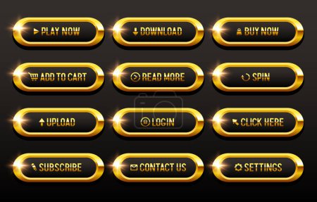Illustration for Buttons for websites. Black buttons in a gold frame and with gold letters. Big set of vector buttons for web design. - Royalty Free Image