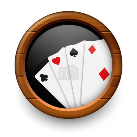 Casino-Etikett. Kartenfächer auf schwarzem, rundem Hintergrund in einem Holzrahmen.