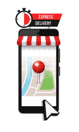 Express delivery concept. Smartphone with an open city map and a pin on the map. Vector 3D illustration.