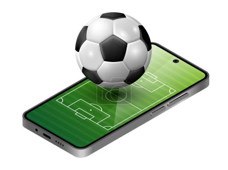 Smartphone mit Fußballfeld auf dem Bildschirm und Fußballball. Werbebanner für Sportwetten. 