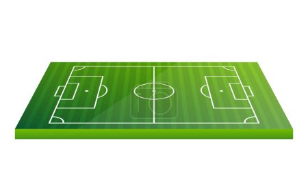 Fußballplatz. Grünes 3D-Feld und weiße Markierungen. Vektorillustration.