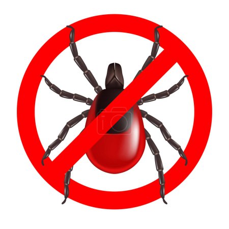 Deer tick in a red prohibition sign. Vector clipart isolated on white background. 