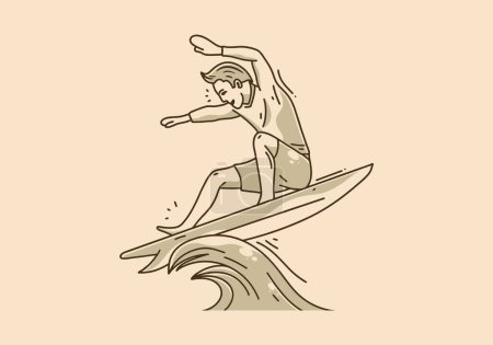 Ilustración de Arte vintage ilustración del hombre surfeando en las olas - Imagen libre de derechos