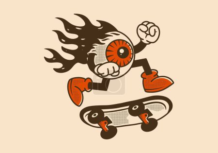 Illustration for Vintage mascot character design of eye ball with fire flame jumping on skateboard - Royalty Free Image