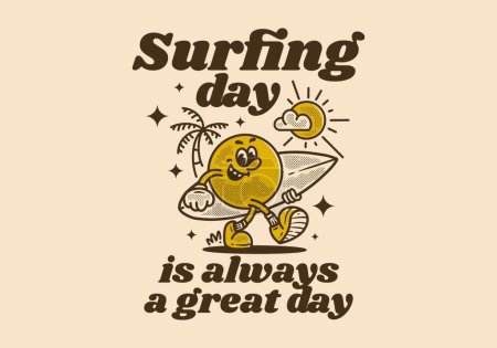 Téléchargez les photos : Surfer est toujours un grand jour. Caractère mascotte vintage avec devis design pour le surf - en image libre de droit