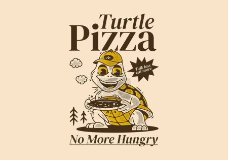 Téléchargez les illustrations : Pizza tortue, Fini la faim, Mascotte de caractère illustration d'une tortue tenant une pizza - en licence libre de droit