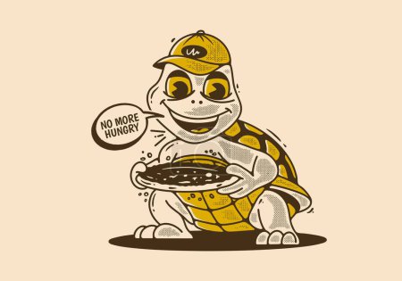 Téléchargez les illustrations : Mascotte de caractère rétro illustration d'une tortue tenant une pizza - en licence libre de droit
