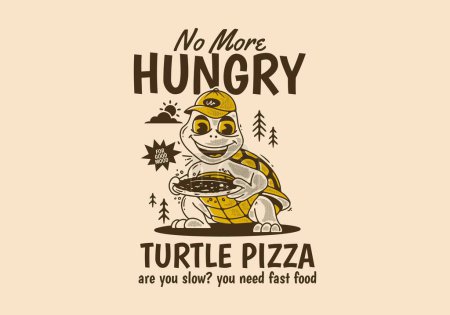 Téléchargez les illustrations : Pizza tortue, Fini la faim, Mascotte de caractère illustration d'une tortue tenant une pizza - en licence libre de droit