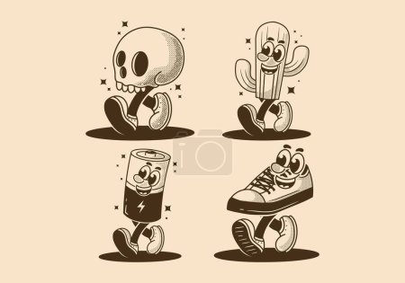 Mascot character illustration of walking skull, cactus, battery and shoe in vintage or retro style