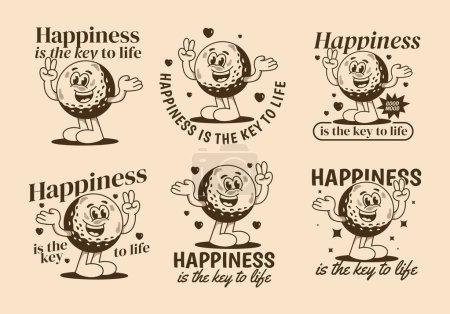 Ilustración de La felicidad es la clave de la vida. Personaje de mascota vintage ilustración de pelota de golf con cara feliz - Imagen libre de derechos