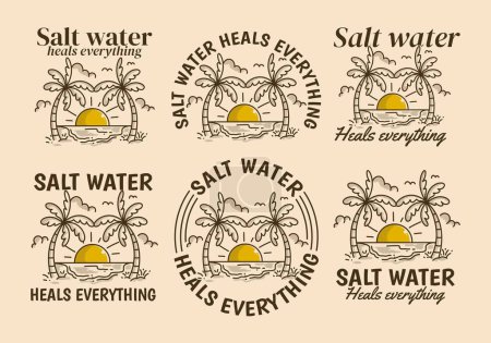 Téléchargez les illustrations : L'eau salée guérit tout. Illustration vintage d'une plage avec grand soleil - en licence libre de droit
