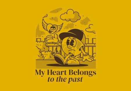 Mein Herz gehört der Vergangenheit an. Maskottchen-Figur mit Kugelkopf und fliegendem Herzen