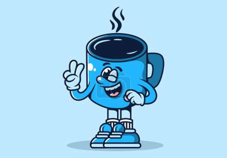 Personaje de la mascota ilustración de taza de café con la mano forman un símbolo de la paz. Color azul