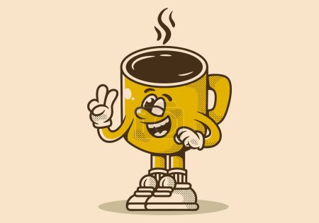 Personaje de la mascota ilustración de taza de café con la mano forman un símbolo de la paz. Color amarillo vintage