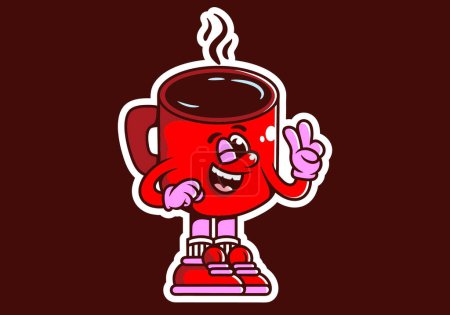 Personaje de la mascota ilustración de taza de café con la mano forman un símbolo de la paz. Color rojo